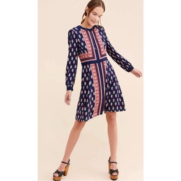 Gal Meets Glam Woodblock Print Midi Dress Size 0 Button Up Long Sleeve Blue - Picture 6 of 13